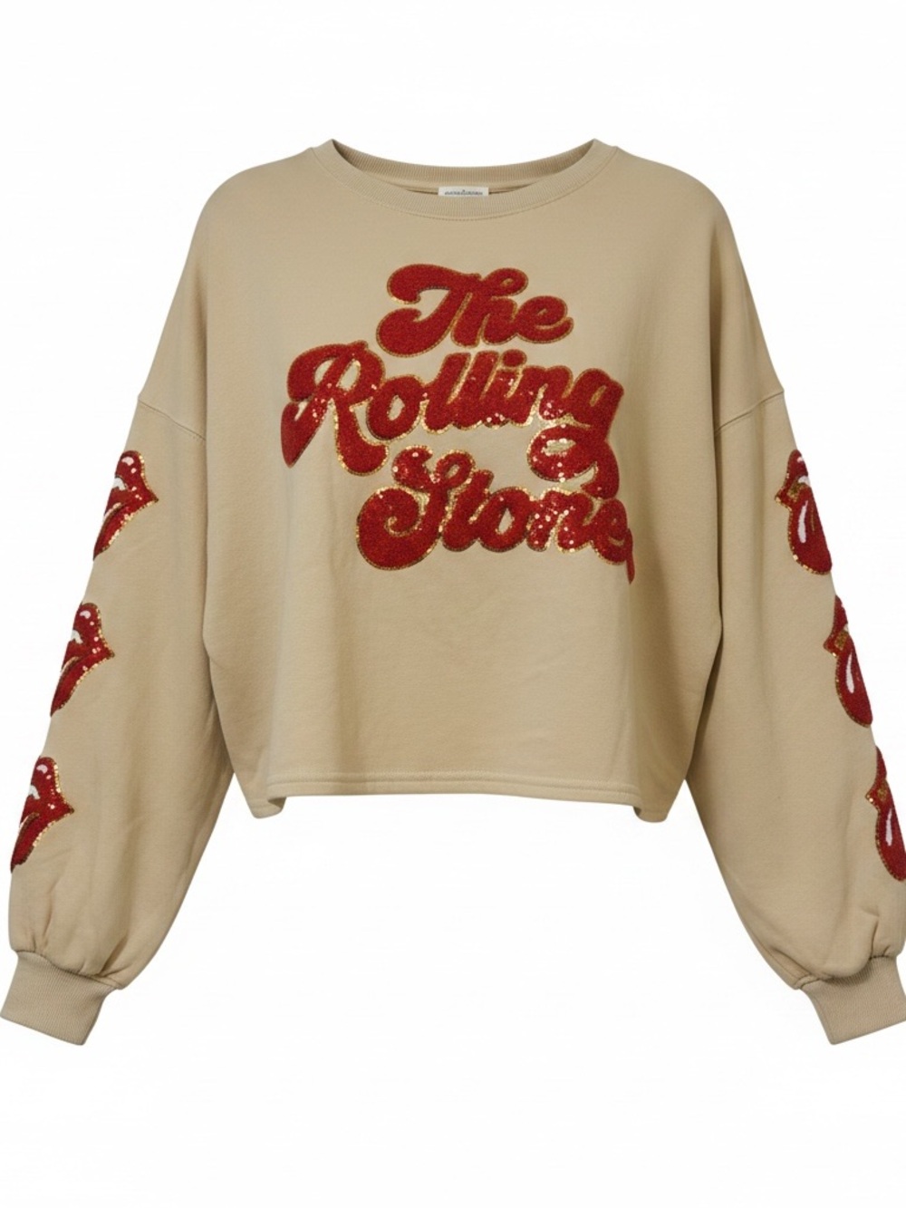 Fantastic Fawn Beige Cropped Sweatshirt with Red 'The Rolling Stone' Appliqué - Picture 2 of 7